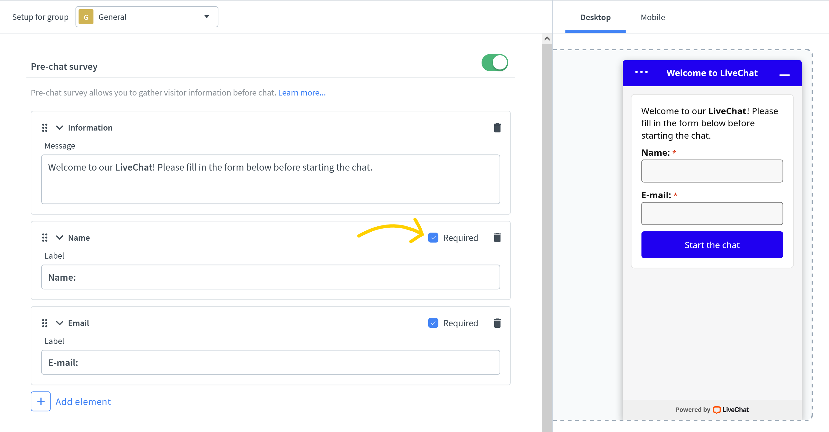 How to make a field required in pre-chat form