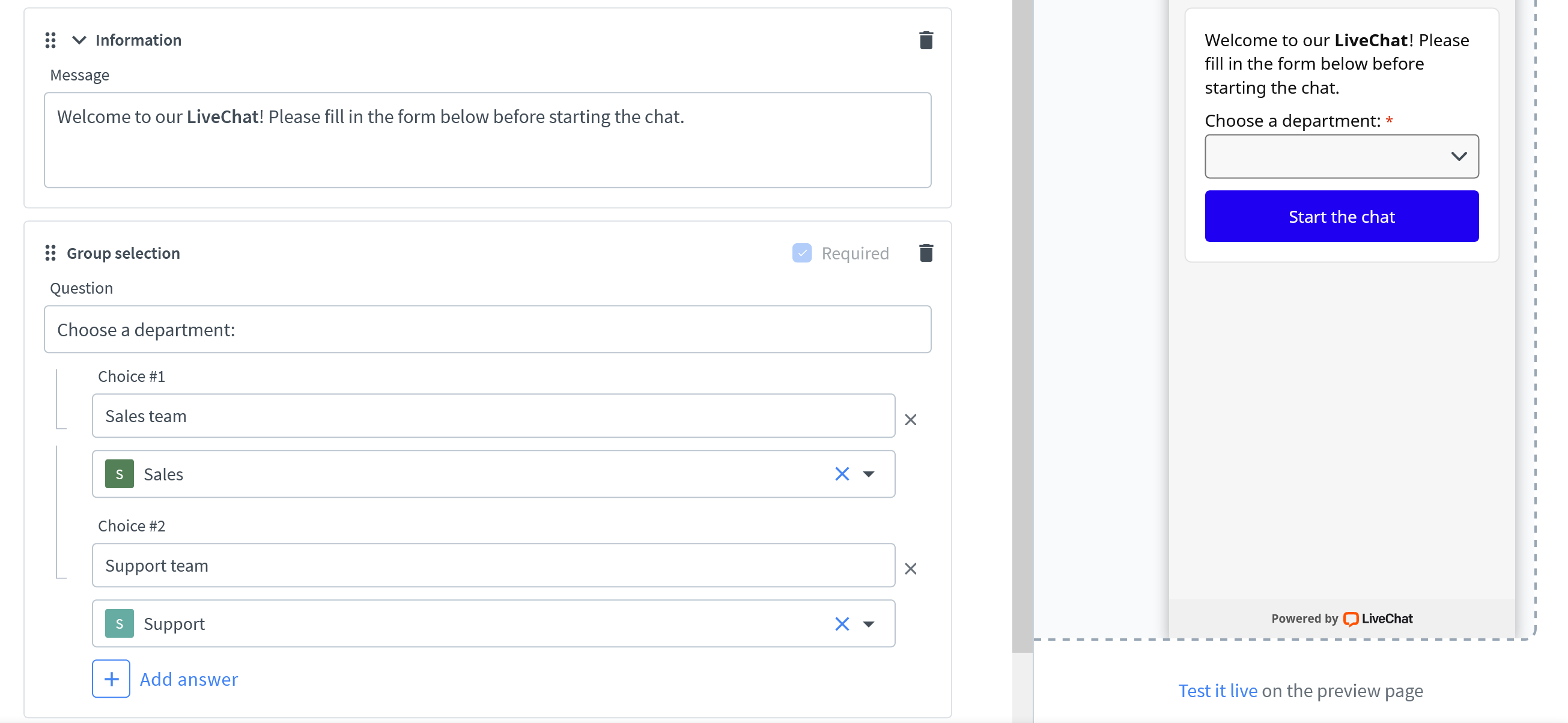 Route chats to a group via pre chat form