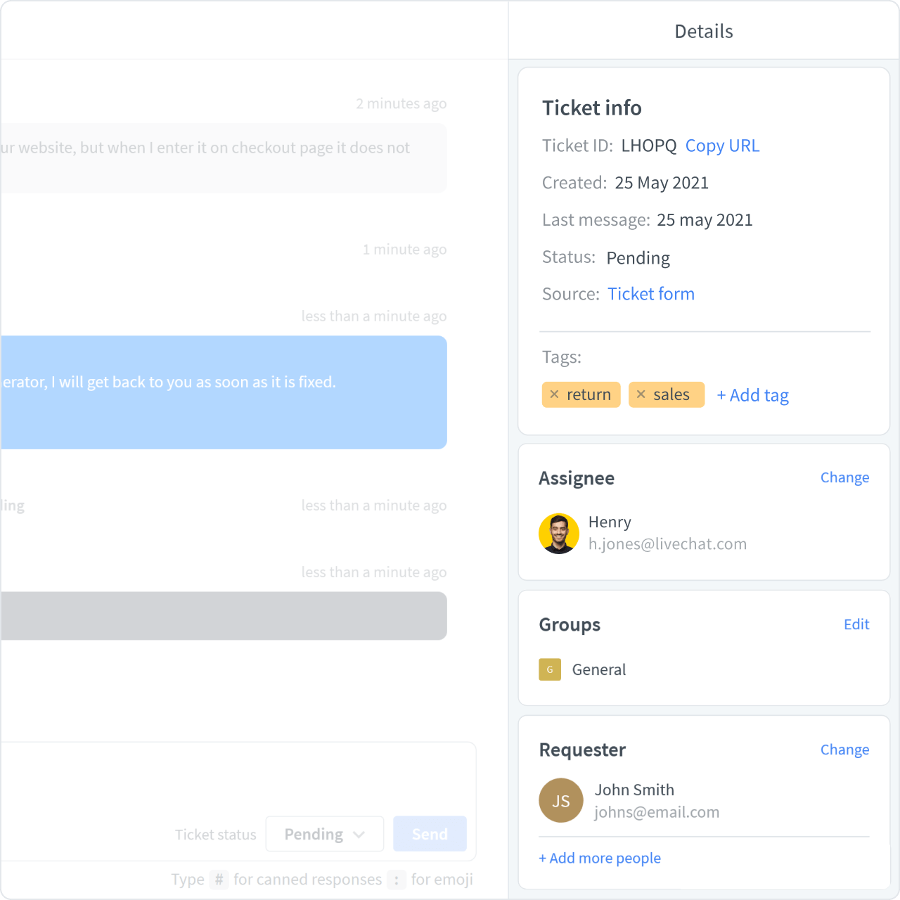 Customer details in LiveChat app