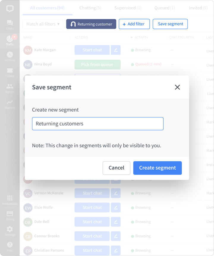 Customer segments in LiveChat app