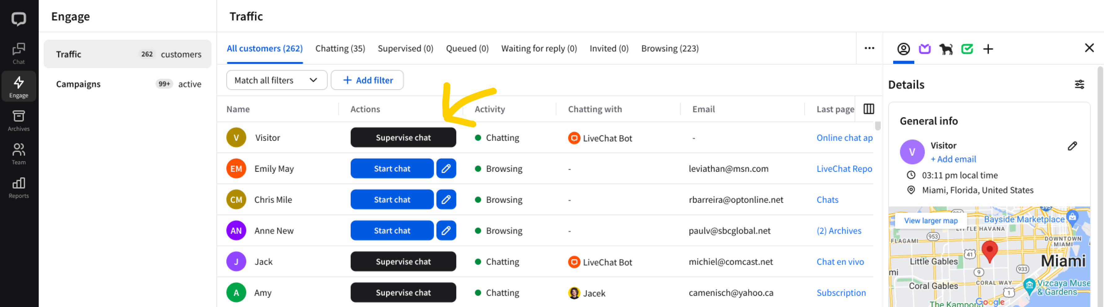 The Traffic section of the LiveChat Agent App, with Supervise button pointed out