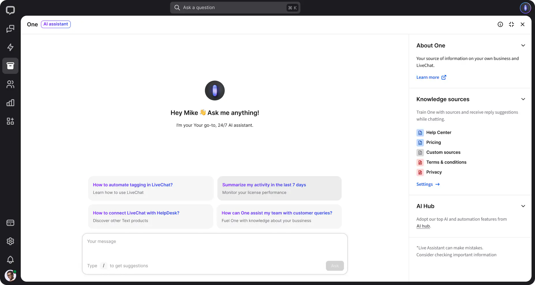 One AI, your AI assistant, inside the LiveChat app.